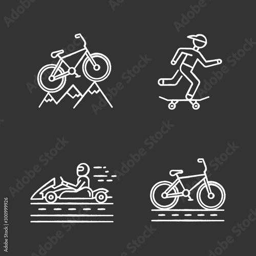 Extreme sports chalk icons set. Mountain cycling. Cross-country, downhill biking. Skateboarding. Karting, open-wheel motorsport. Cycling, bicycle racing. Isolated vector chalkboard illustrations