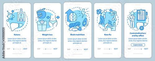 Keto diets turquoise onboarding mobile app page screen vector template. Ketogenic eating and healthy nutrition. Walkthrough website steps with linear illustrations. UX, UI, GUI smartphone interface