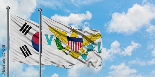 South Korea and United States Virgin Islands flag waving in the wind against white cloudy blue sky together. Diplomacy concept  international relations.