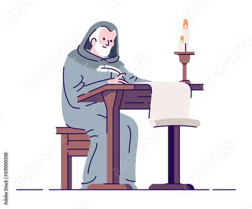 Medieval chronicler with manuscript flat vector illustration. Middle age annalist isolated cartoon characters with outline elements on white background. Ancient literacy and education