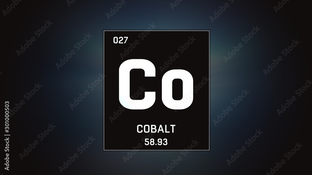 3D illustration of Cobalt as Element 27 of the Periodic Table. Grey illuminated atom design background with orbiting electrons. Design shows name, atomic weight and element number