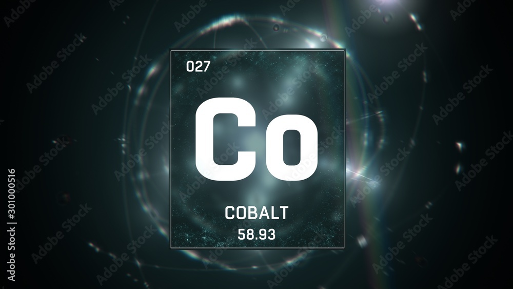 3D illustration of Cobalt as Element 27 of the Periodic Table. Green illuminated atom design background with orbiting electrons. Design shows name, atomic weight and element number 3D illustration of Cobalt as Element 27 of the Periodic Table. Green illuminated atom design background with orbiting electrons. Design shows name, atomic weight and element number