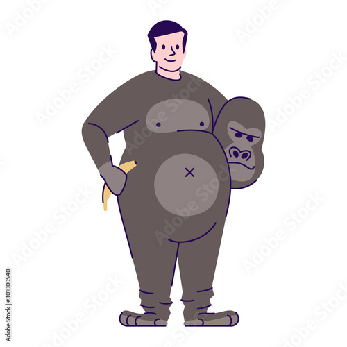 Man wearing gorilla costume flat vector illustration. Person dressing like animal. Guy in Halloween party outfit cartoon character with outline elements isolated on white background