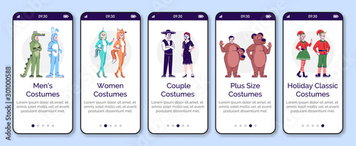 Men's and women animal costumes onboarding mobile app screen vector template. Plus size holiday clothing. Walkthrough website steps, flat characters. UX, UI, GUI smartphone cartoon interface concept