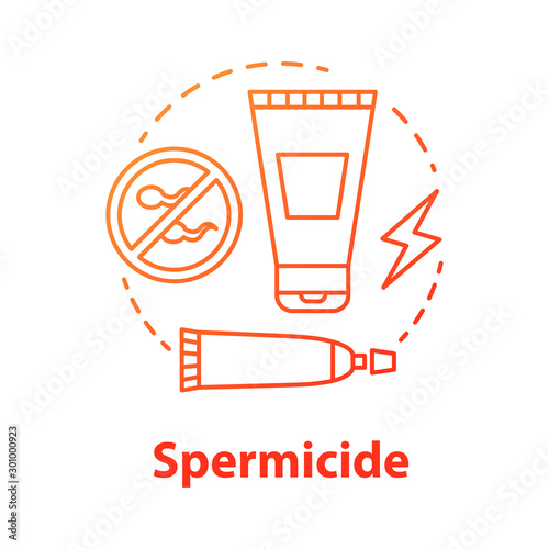 Spermicide red concept icon. Safe sex concept. Reproduction, birth control method. Man health, male sexlife. Lubricant tube idea thin line illustration. Vector isolated outline drawing