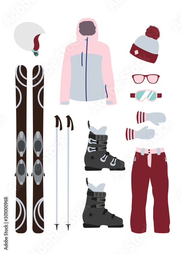 Ski equipment kit clothes vector illustration on transparent background. Extreme winter sport. Set skis and ski poles. vacation