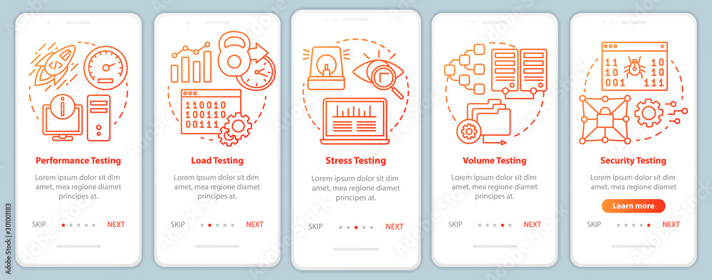 Naklejka premium Non-functional software testing orange onboarding mobile app page screen vector template. Program analysis. Walkthrough website steps with linear illustration. UX, UI, GUI smartphone interface concept