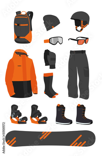 snowboard equipment. clothes, shoes and accessories of a snowboarder. extreme sport. Winter activity icons