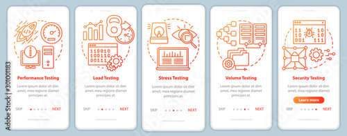 Non-functional software testing orange onboarding mobile app page screen vector template. Program analysis. Walkthrough website steps with linear illustration. UX, UI, GUI smartphone interface concept