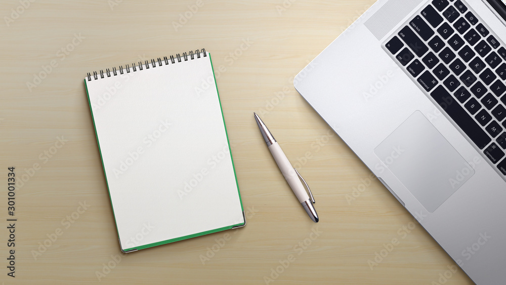 top view of blank notebook and pencil on wooden tabletop top view of blank notebook and pencil on wooden tabletop