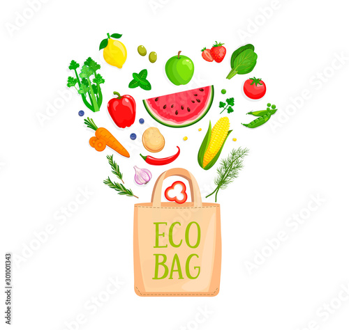 Eco Fabric Cloth Bag with isolated vegetables and berries falling inside. The concept of caring for the environment and reuse things. Friendly nature Vector illustration.