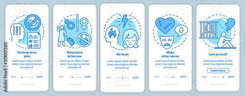 Trouble in relationships onboarding mobile app page screen with linear concepts. No long-term plan walkthrough steps graphic instructions. UX, UI, GUI vector template with illustrations