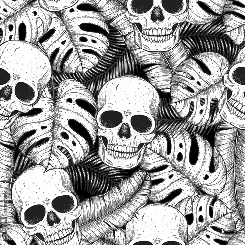 Skull and palm leaves seamless pattern. Hand drawn vector illustration. Fabric design template. Skull background. Tropical vector illustration.