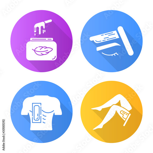 Soft waxing flat design long shadow glyph icons set. Chest, leg, brow hair removal with strips. Cold wax in jar. Body depilation. Professional treatment cosmetics. Vector silhouette illustration