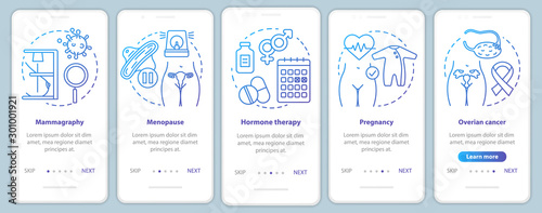 Women healthcare blue onboarding mobile app page screen vector template. Pregnancy, ovarian cancer, menopause. Walkthrough website steps with linear icons. UX, UI, GUI smartphone interface concept