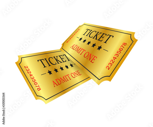 Realistic golden show ticket. Old premium cinema entrance tickets.