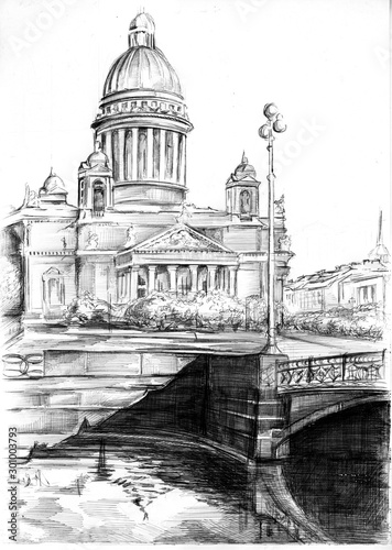 St. Isaac's Cathedral, drawing illustration with ballpoint pen