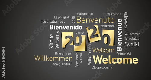 Welcome New Year 2020 European languages gold white word cloud black board background