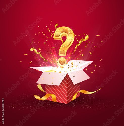 Open textured red box with question sign and confetti explosion inside and on blue background. Mystery gift box with secret isolated vector illustration photo