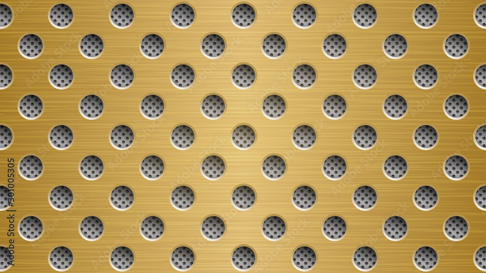 Abstract metal background with round holes in golden and gray colors