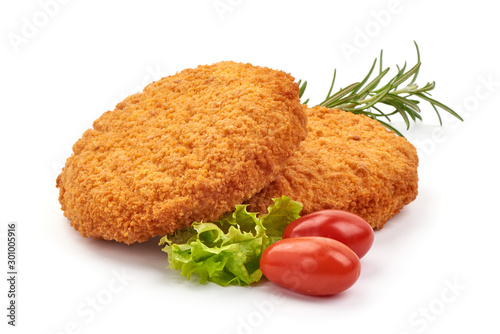 Fotografie Fried chicken Cordon bleu with cheese in breadcrumbs, isolated on white backgrou