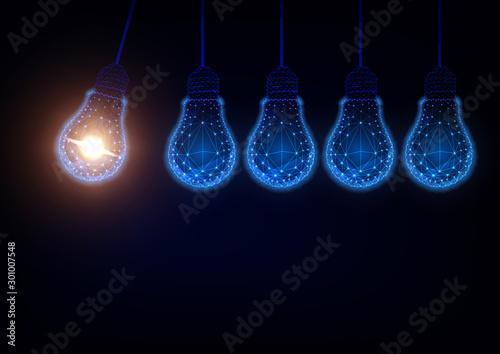 Futuristic idea, innovation, creativity concept with glow low poly light bulbs forming Newton cradle