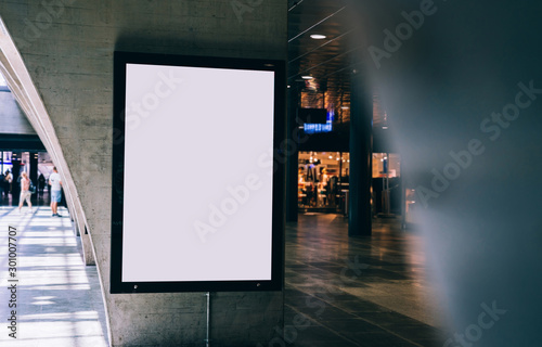 Fototapeta Naklejka Na Ścianę i Meble -  Clear Billboard in public place with blank copy space screen for advertising or promotional poster content, empty mock up Lightbox for information, blank display in station area with daylight