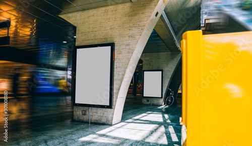 Fototapeta Naklejka Na Ścianę i Meble -  Clear Billboard in public place with blank copy space screen for advertising or promotional poster content, empty mock up Lightbox for information, blank display in station area with daylight