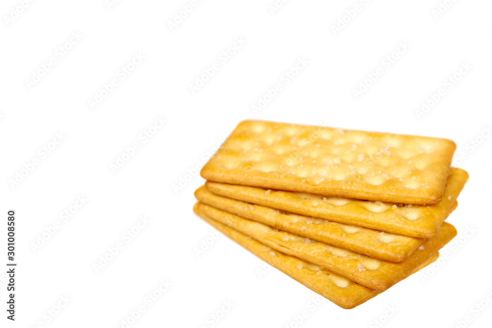 Salty cracker, crispy appetizer, rectangle shape cookie. Isolated.