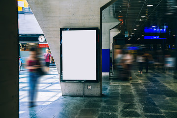 Clear Billboard in public place with blank copy space screen for advertising or promotional poster content, empty mock up Lightbox for information, blank display in station area with daylight