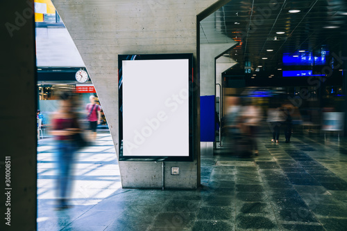 Clear Billboard in public place with blank copy space screen for advertising or promotional poster content, empty mock up Lightbox for information, blank display in station area with daylight photo