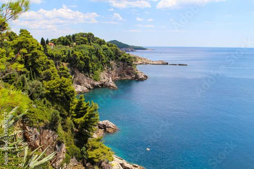 Dubrovnik landscape, Croatian nature. Green rocks and blue sea. Stones at the bottom of the sea. Sunny day. Rocky coast, plants and flowers.