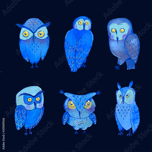 Vector colorful set with illustrations of cute night owls. Can be used as elemets for your design for greeting cards, nursery, poster, card, birthday party, packaging paper design, baby t-shirts
