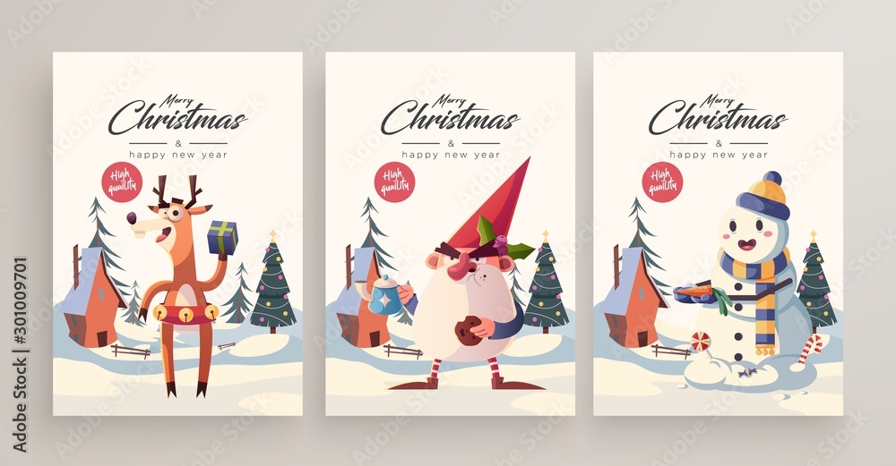 Fototapeta premium New Year 2020 And Christmas Greeting Card collection. Cute holiday themed Characters and situations