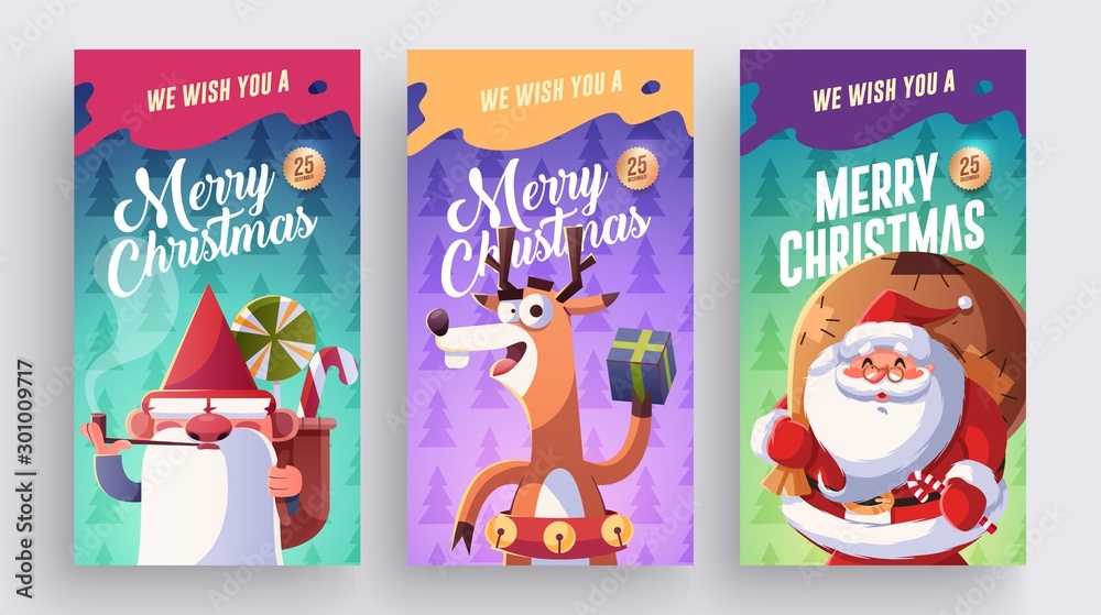 Fototapeta premium Set of Merry Christmas and Happy new Year greeting cards design with Christmas characters. Vector illustration