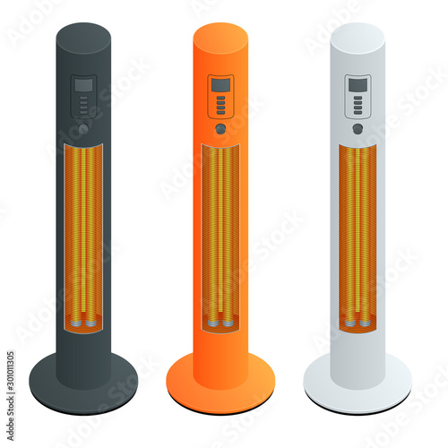 Electric Modern Long-Wave Infrared Patio Heaters and Gas Patio Heater. Isometric Best Patio Heaters for Your Garden, Bars, and Restaurants.
