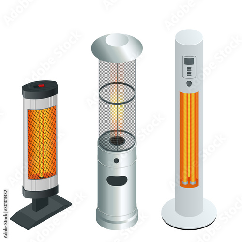 Electric Modern Long-Wave Infrared Patio Heaters and Gas Patio Heater. Isometric Best Patio Heaters for Your Garden, Bars, and Restaurants.