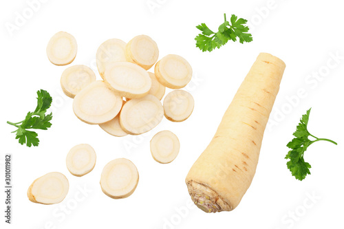 fresh parsley root with slices and parsley isolated on white background. top view