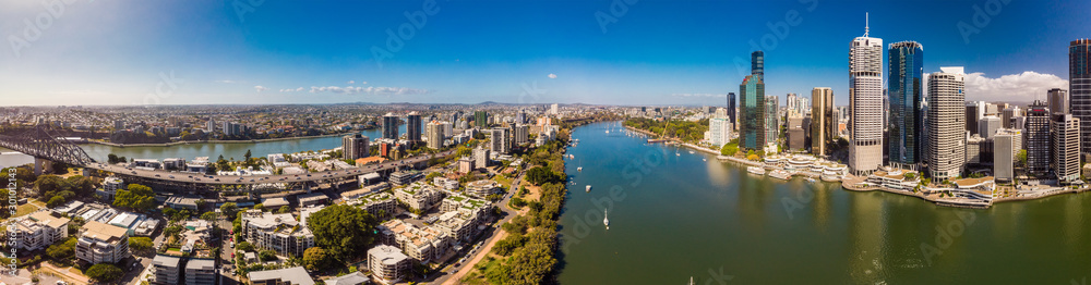 BRISBANE, AUSTRALIA - August 24 2019: Brisbane city with CBD and Story Bridge, aerial drone view.