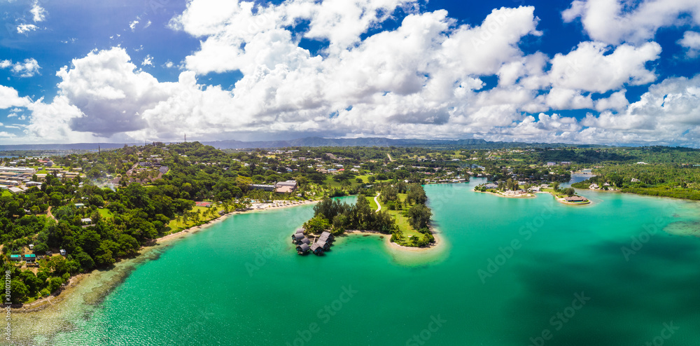 Port Vila, Vanuatu - April 3 2019: Aerial drone view of Holiday Inn Resort Vanuatu, Port Vila, popular holidaymakers resort.