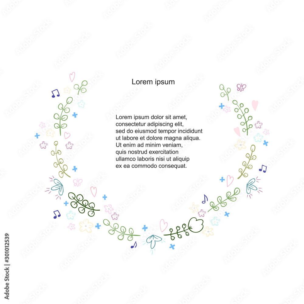 Vector colorful illustration of floral and herb wreath. Hand draw frame. Can be used for invitation, greeting card and poster