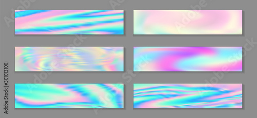 Hologram luminous banner horizontal fluid gradient unicorn backgrounds vector set. Pastel 