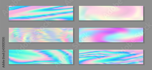 Hologram luminous banner horizontal fluid gradient unicorn backgrounds vector set. Pastel  photo