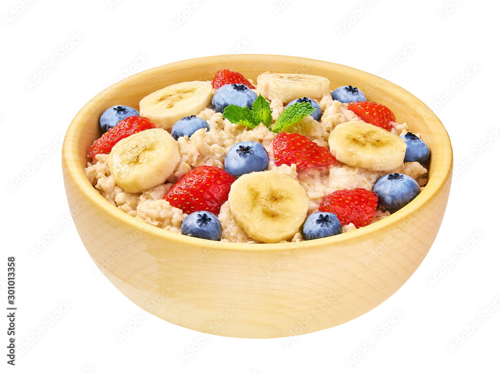 Oatmeal with with berries, banana,blueberry and strawberry on white background isolated. Oatmeal with with berries, banana,blueberry and strawberry on white background isolated.