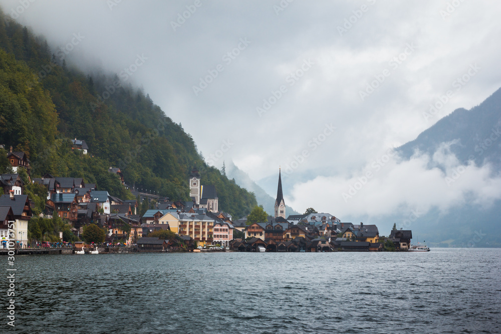 Hallstatt view in a foggy day and clouds between the mountains