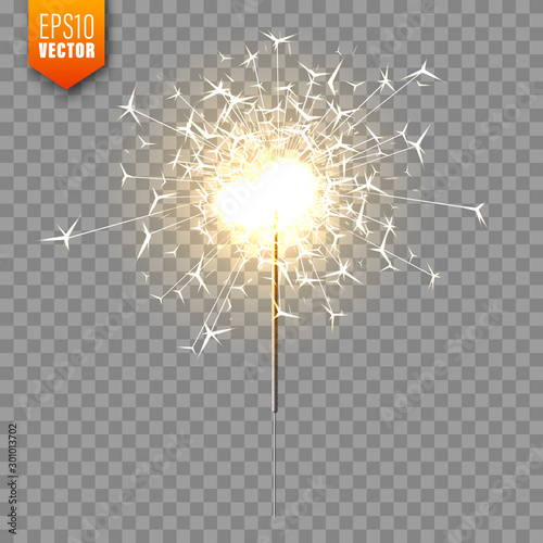 Realistic Christmas sparkler on transparent background. Bengal fire effect. Festive bright fireworks with sparks. New Year decoration. Burning sparkling candle. Vector illustration.