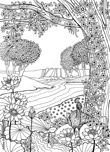 A beautiful graphic landscape of India, a jungle filled with flowers, with lotuses by the stream, peacock, and tree. Landscape for God Krishna. Graphic drawing