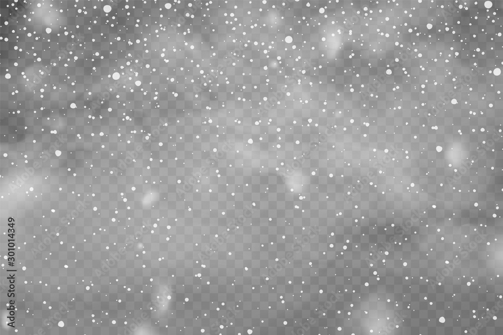 Realistic falling snow with snowflakes and clouds. Winter transparent background for Christmas or New Year card. Frost storm effect, snowfall, ice. Vector illustration.