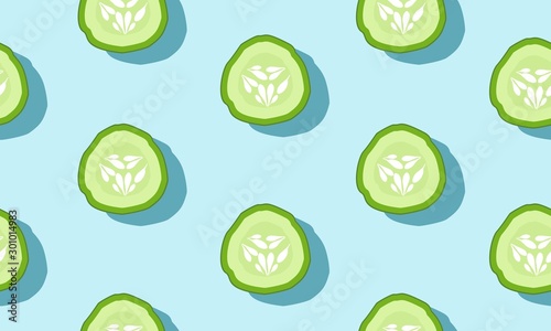 Seamless blue background with slice cucumbers with shadow. Vector  illustration design with vegetables for template.