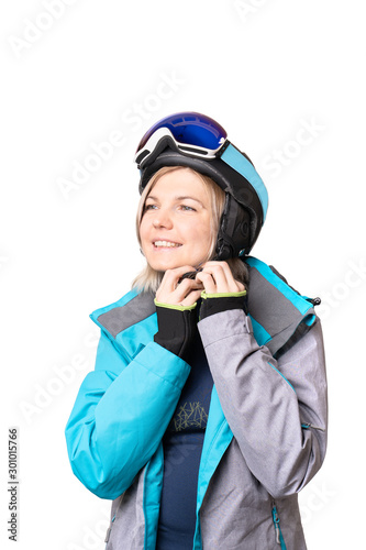 Photo of sporty woman wearing helmet on isolated background